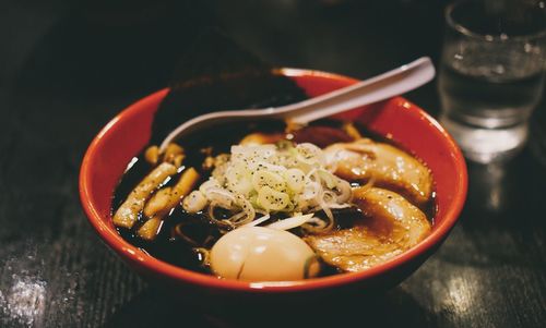 High angle view of noodles in bowl on table