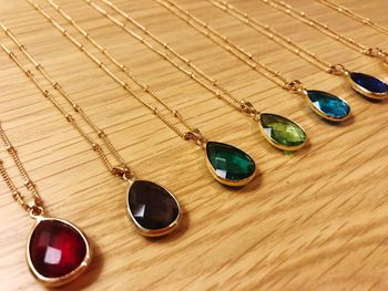 High angle view of necklaces on table