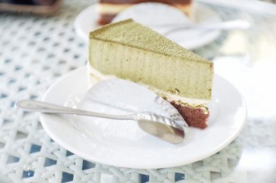 High angle view of cake in plate on table