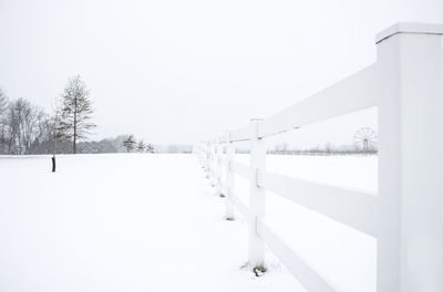 Snow covered landscape against clear sky