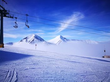 Scenic view of snow covered mountains against sky