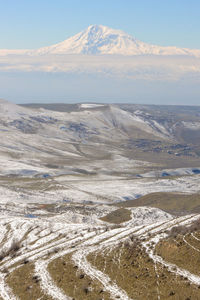 View of armenian countryside with the mount ararat in winter, armenia