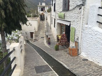 High angle view of steps amidst buildings