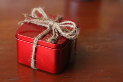 Close-up of small tied in basket on table