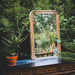 Woman sitting by potted plants