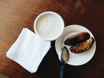 High angle view of food in plate on table