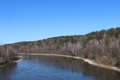 Scenic view of lake against clear blue sky