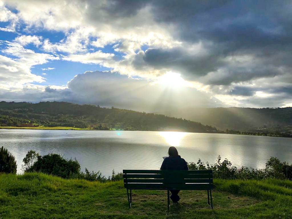 REAR VIEW OF MAN SITTING ON BENCH AT LAKE