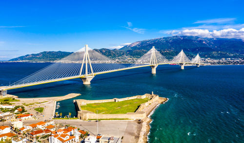 Bridge over sea against blue sky