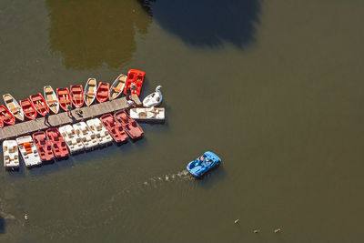 High angle view of boats moored in lake