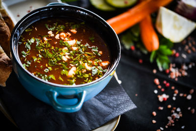 High angle view of soup in bowl on table