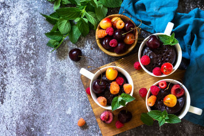 High angle view of fruits in bowl on table