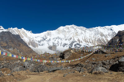 Scenic view of snowcapped mountains against clear blue sky