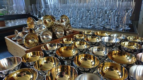 High angle view of wine glasses on table