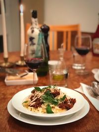 Close-up of food served on table