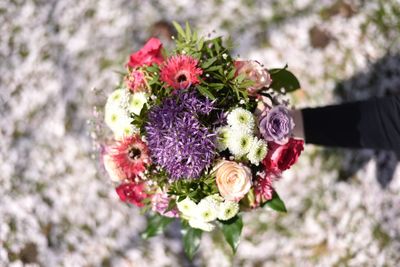 Close-up of hand holding rose bouquet