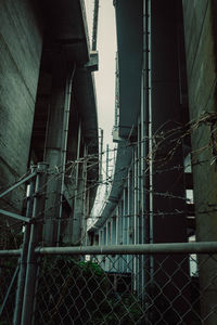 Low angle view of chainlink fence in abandoned building