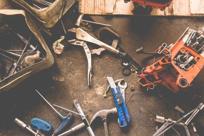 High angle view of tools in workshop