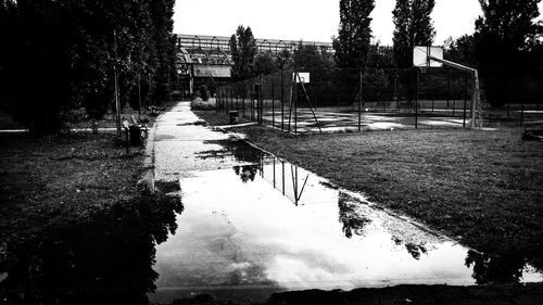Puddle in city against sky