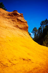 Low angle view of rock formations against clear blue sky