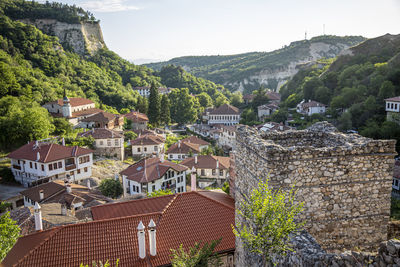 High angle view of houses and trees in town