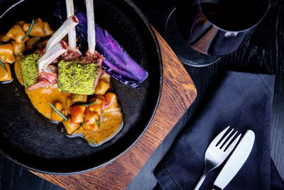 High angle view of breakfast served on table