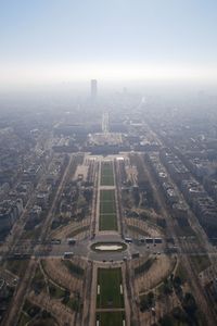 High angle view of buildings in city against sky