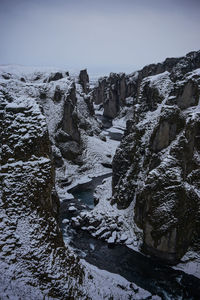 Scenic view of rocks against clear sky during winter