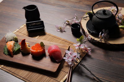 High angle view of various fruits on table