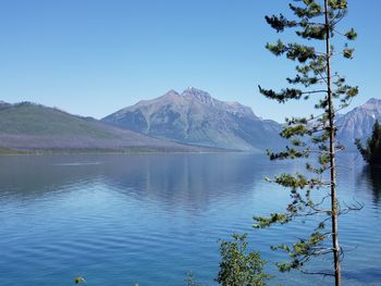 Scenic view of lake and mountains against clear blue sky