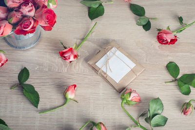 High angle view of roses on table