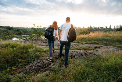 Adventure, hiking, trekking, bushcraft concept. solo family travel. local travel. young happy couple 