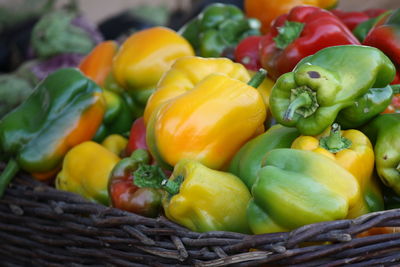 Close-up of bell peppers in basket