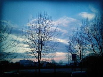 Low angle view of bare trees against cloudy sky