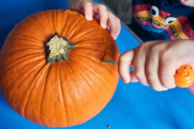 Cropped image of hand holding pumpkin