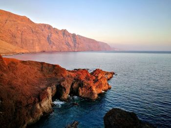 Scenic view of sea and rocks against clear sky