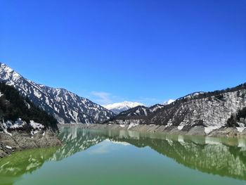 Scenic view of lake and snowcapped mountains against blue sky