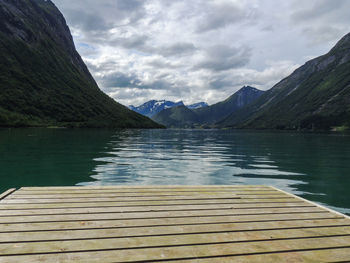 Scenic view of lake by mountains against sky