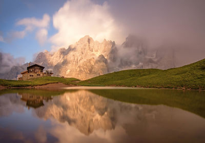 Panoramic view of lake against cloudy sky