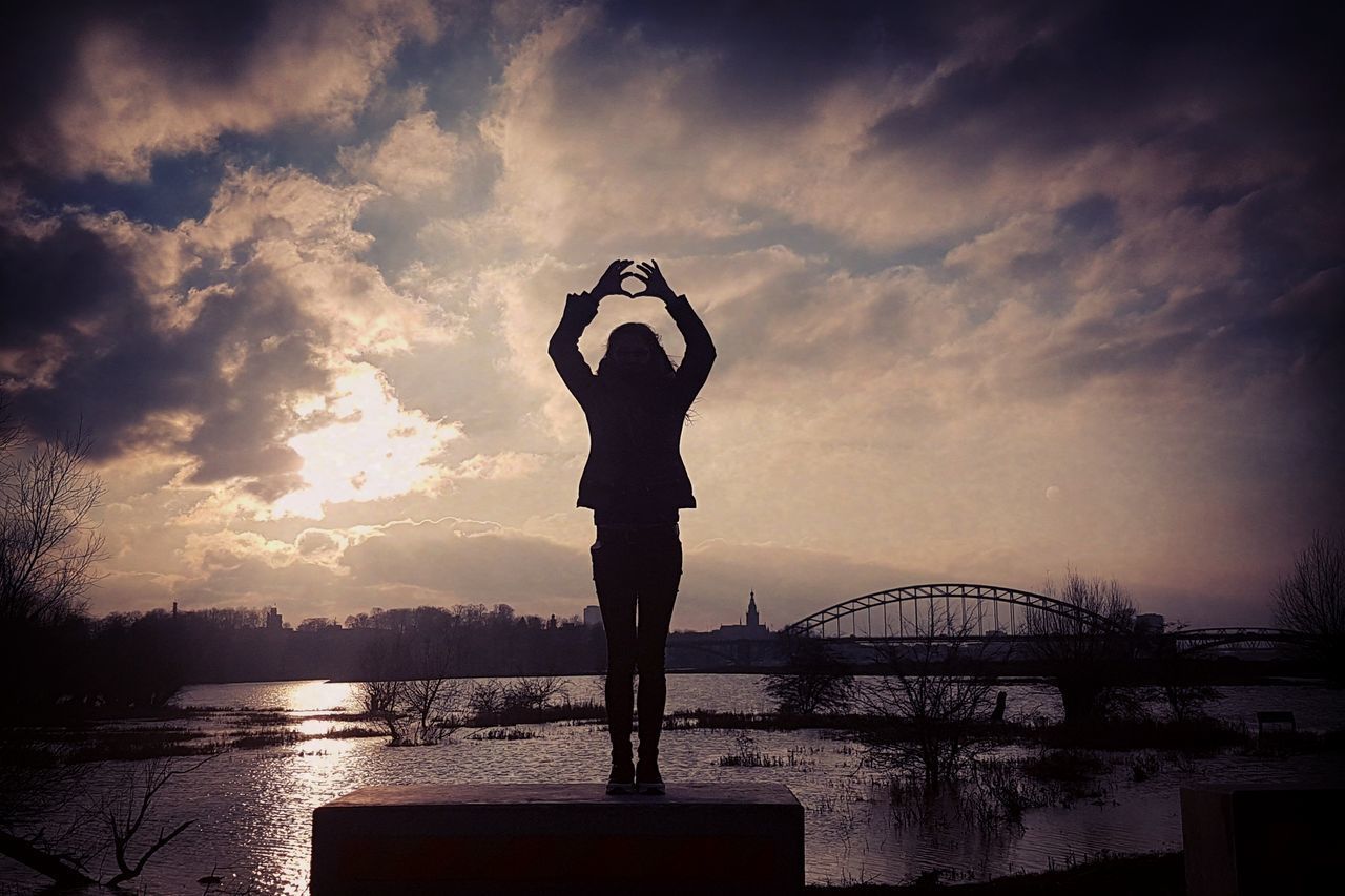 SILHOUETTE WOMAN STANDING BY WATER AGAINST SKY