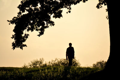 Rear view of silhouette man standing on field against sky