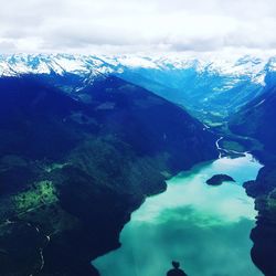 Scenic view of lake against cloudy sky