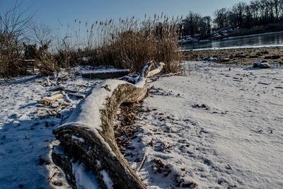 Snow on shore against sky during winter