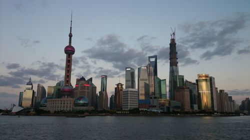 City skyline against cloudy sky