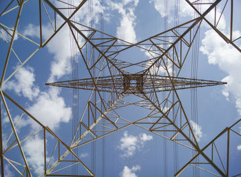 Low angle view of electricity pylon against sky