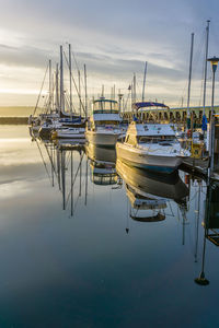 Boats moored in harbor at sunset