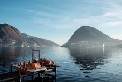 Scenic view of sea and mountains against sky