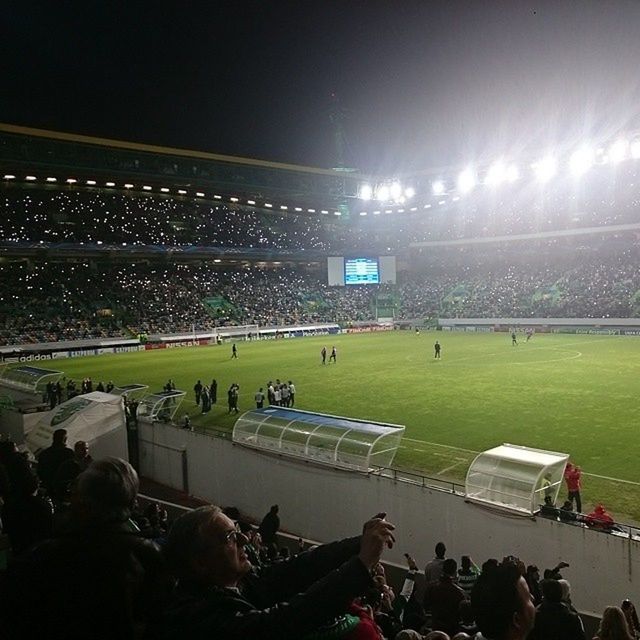 large group of people, crowd, men, lifestyles, leisure activity, person, sport, spectator, stadium, mixed age range, enjoyment, arts culture and entertainment, sky, high angle view, togetherness, night, fun, field