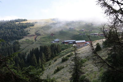 High angle view of trees and mountains against sky