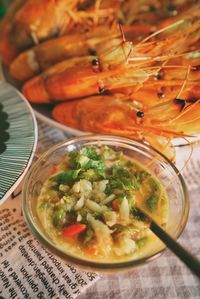 High angle view of soup in bowl